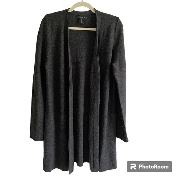 TAHARI Extra  Fine Merino Wool Dark Gray Open Cardigan Size L - Picture 1 of 13